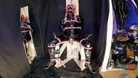 Strapped To Fucking Machine Chair In Pvc Catsuit Gagged In Chastity