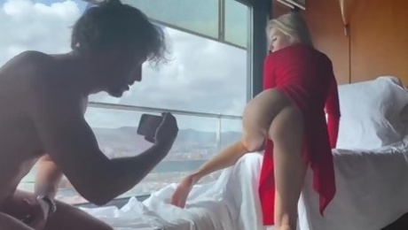 Sexy Tall Blonde MILF In a Red Dress Lets a Stranger Film How He Fucks Her By the Window